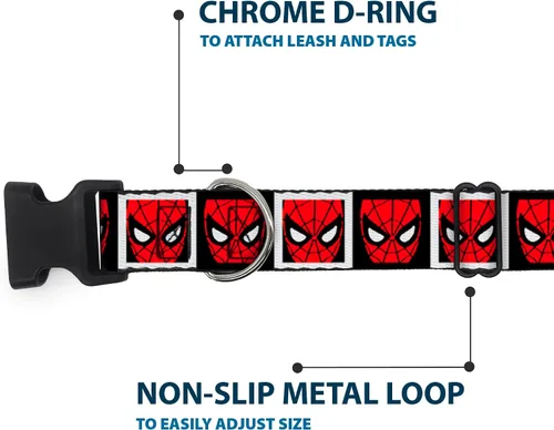 Vista 5 de Buckle-Down Collar de perro con clip de plástico con cara de hombre araña, bloques blancos y negros, multicolor, 1 pulgada de ancho, se adapta a