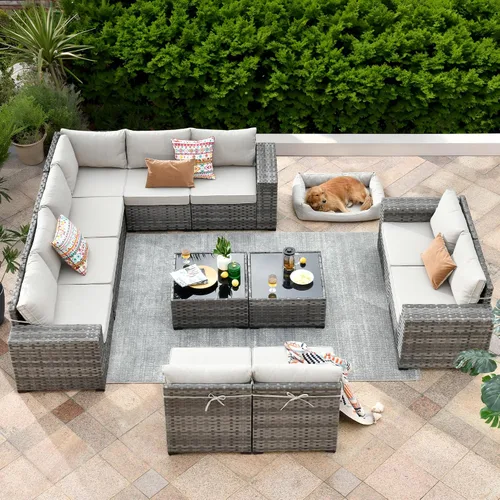 Vista 36 de ovios Juego de muebles de patio de 6 piezas, sofá seccional de mimbre para exteriores con mesa auxiliar, cómodos cojines, moderno sofá modular Beige