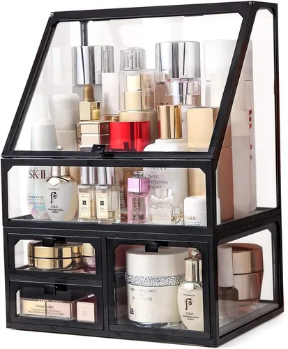 Vista 4 de MOOCHI Organizador de maquillaje cosmético de vidrio vintage negro con 3 cajones, juego de polvo impermeable para cosméticos, vitrina