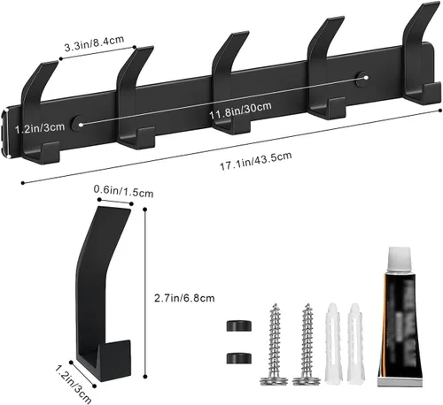 Vista 3 de Paquete de 2 percheros para montar en la pared, de aluminio resistente, 5 ganchos dobles para abrigos, percheros modernos, percheros de pared