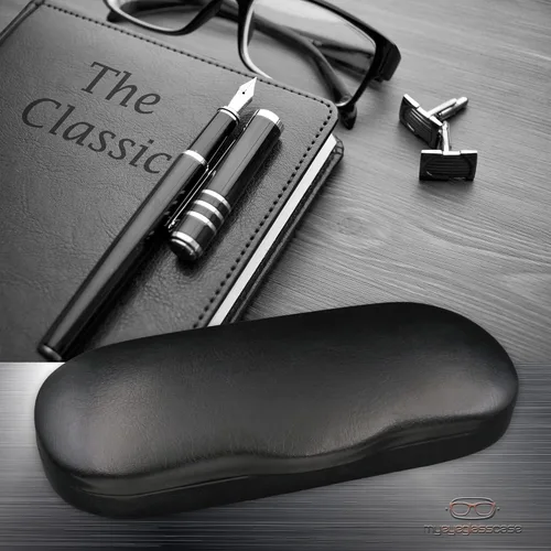 Vista 2 de MyEyeglassCase Men's Medium Glasses Case - Classic Eyeglasses Hard Shell Holder, Elegant Easy Open Lip with Pouch and Cloth As196 Negro Con Tela