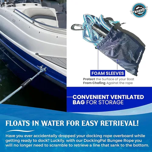 Vista 5 de WAVESRX DockingPal - Línea de muelle elástico prémium para barcos y PWC Cuerda de amarre elástica que se estira para absorber golpes y evitar
