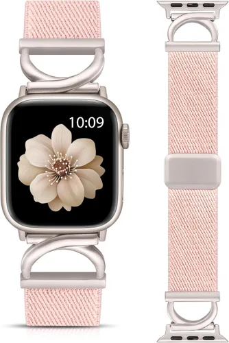 Vista 15 de Minyee Correa magnética elástica compatible con Apple Watch Band de 38/40/41/42/44/45/46/1.929 in para mujer, correa de metal en forma de C