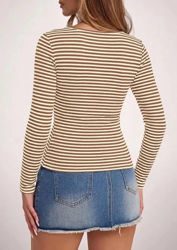 Vista 3 de PRETTYGARDEN Camisas de manga larga a rayas para mujer, tops lindos de Rayas Beige Marrón