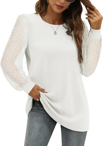 Vista 4 de WIHOLL Camisas de manga larga para mujer, túnica de otoño, ropa de cuello redondo a la moda