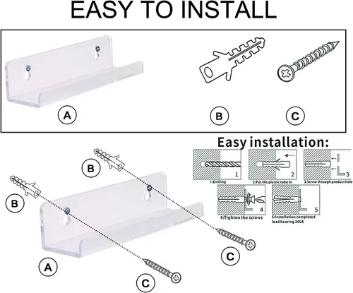 Vista 5 de Sooyee Paquete de 6 estantes flotantes invisibles de acrílico de 7 pulgadas para habitación de niños, estante de pared moderno para almacenamiento