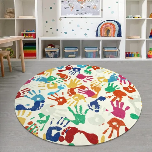 Vista 12 de STARUIA - Alfombra de huellas de manos y pies para niños para sala de juegos, alfombra de guardería lavable de 3 x 5 pies de colores para habitación