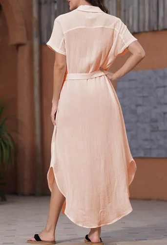Vista 5 de AOHITE Vestido de manga corta con botones para mujer, vestido maxi de playa