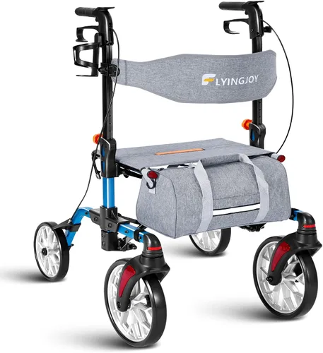 Vista 11 de Andador ligero con asiento para personas mayores, andador plegable con neumáticos grandes todo terreno a prueba de pinchazos, altura ajustable