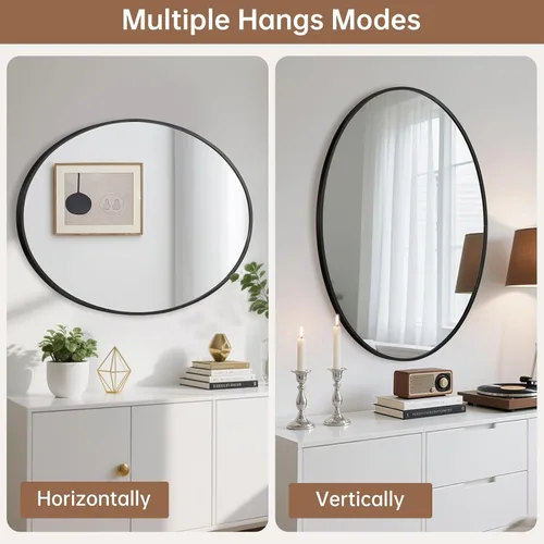 Vista 7 de Espejo ovalado negro para baño, espejo de baño ovalado de 22 x 30 pulgadas con marco de metal cepillado, espejo de tocador decorativo montado
