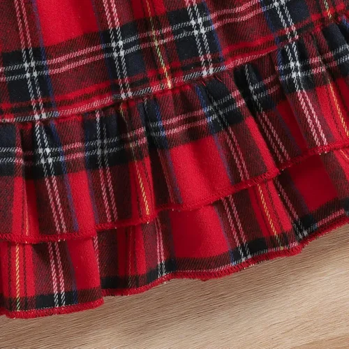 Vista 5 de Conjunto de cinturón de vestir de manga larga con volantes y estampado a cuadros para niñas pequeñas rojo 4-5 años