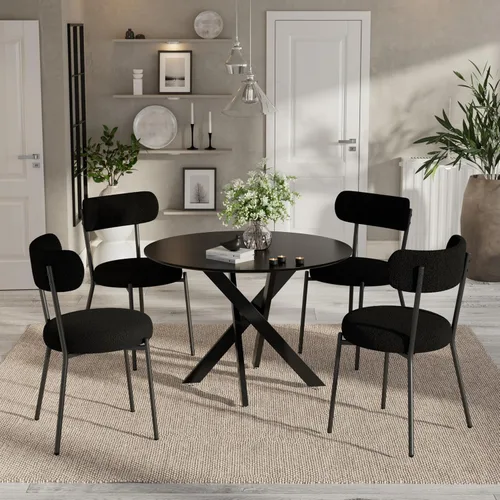 Vista 10 de Moderno juego de mesa de comedor redonda de 3 piezas, mesa de MDF circular negra y 2 sillas de comedor negras Boucle, muebles de cocina con marco