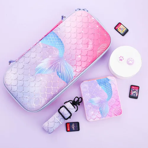 Vista 7 de RHOTALL Nintendo Switch OLED Cover, Hard Portable Travel Case for Switch Game Accessories with Purple Game Case and 2 Thumb Caps - Fish