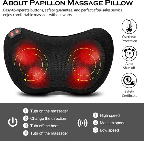 Vista 3 de Papillon - Masajeador de espalda con calor, almohada de masaje Shiatsu para cuello, hombros, pies y espalda baja, alivio del dolor de tejido