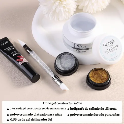 Vista 2 de Fcozpjk Gel constructor sólido de 30g para uñas y gel de esmalte de 15g, gel duro transparente no pegajoso para uñas con lápiz de tallado de Gel
