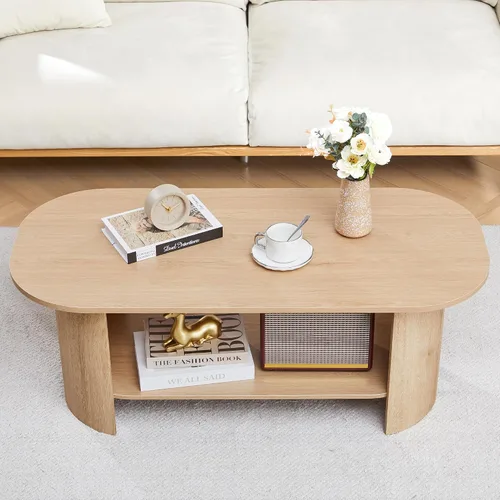 Vista 14 de Mesa de Centro Acanalada, 39'' Mesas de Centro Estilo Granja para Sala de Estar, Mesa Central de Acento de Madera Baja Mesa de Té Pequeña con Base