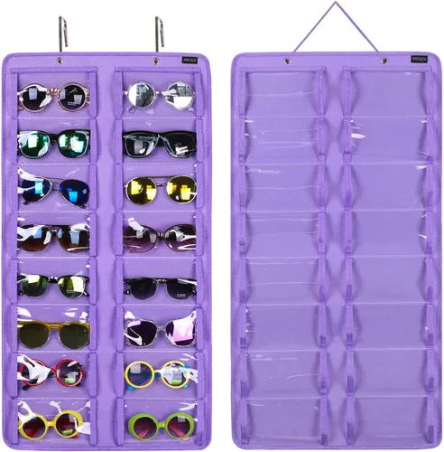 Vista 16 de AROUY Organizador de gafas de sol, organizador de gafas con bolsillo para colgar en la pared - Organizador de gafas de sol con 16 ranuras de fieltro