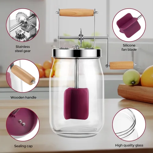Vista 11 de Butter Churn - Batido de madera con mango de madera para hacer mantequilla manual, batidora de mantequilla, tarro masón de manivela de mano