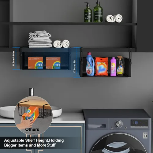 Vista 3 de AmonHouseware Paquete de 2 Organizadores de Canasta Bajo Estante, Soporte Colgante Ajustable para Gabinete Despensa Cocina Alacena Escritorio
