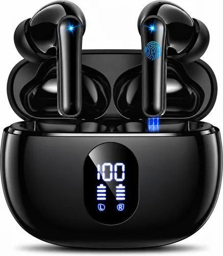 Vista 10 de Auriculares inalámbricos con sonido de graves profundos, auriculares Bluetooth 5.3, 48 horas de reproducción, pantalla LED con micrófono, IPX7