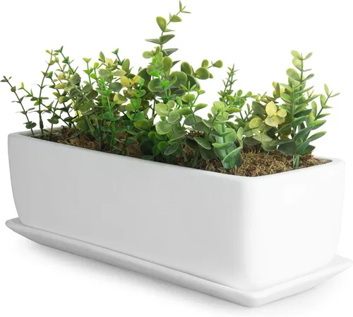 Vista 9 de Maceta moderna rectangular minimalista de cerámica de 10 pulgadas para plantas suculentas/Caja abierta con platillo, Moderno, Blanco
