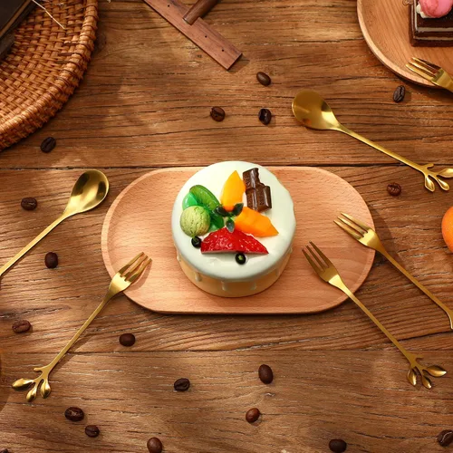 Vista 4 de Juego de 40 piezas de cuchara de café de hoja de acero inoxidable y tenedor de aperitivo, cuchara de postre, mini utensilios de postre plateados