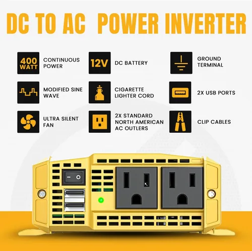 Vista 5 de K KRIËGER - Inversor de corriente de 400 vatios, 12V CC a 110V CA para vehículos, con 2 salidas, puertos USB, enchufe para encendedor de cigarrillos