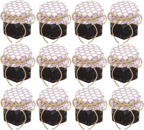 Vista 4 de Mini tarros de vidrio hexagonales de 1.5 onzas con tapas y etiquetas negras (paquete de 24)