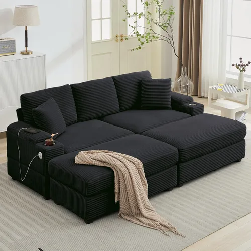 Vista 11 de Sofá seccional de 86.6 pulgadas con 2 otomanas, cómodo sofá convertible modular Cloud tapizado de pana con portavasos y USB, almacenamiento