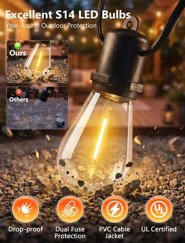 Vista 7 de 50FT LED Outdoor String Lights Waterproof with 27 Edison Vintage Shatterproof Bulbs, Hanging Commercial Grade Outdoor Patio Lights for Backyard