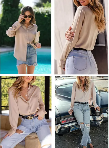 Vista 5 de Camisas con botones para mujer, blusa de manga larga con cuello, blusa casual de negocios