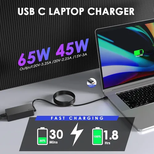 Vista 2 de Cargador USB C de 65 W compatible con Lenovo Thinkpad Chromebook Yoga Laptop y más cable de alimentación USB tipo C