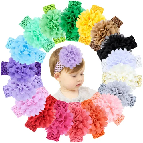 Vista 2 de 18 diademas de gasa con flores suaves y elásticas para el cabello, accesorios para el cabello + 40 lazos para el cabello con cinta de grogrén