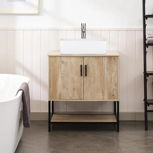Vista 4 de UEV Mueble de baño de roble rústico de 30 pulgadas con fregadero, marco de hierro industrial con puertas y estante, con moderno combo de fregadero
