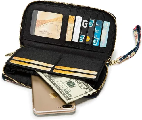 Vista 54 de Cartera de mano para mujer, estilo bohemio, con RFID, elegante, espaciosa con correa para viajes, capacidad para tarjetas, teléfono, dinero