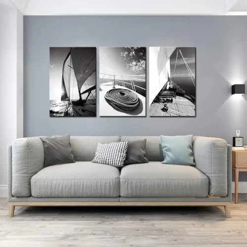 Vista 2 de LevvArts 3 piezas de arte de pared en blanco y negro, yate, velero, al atardecer, pintura náutica, decoración de pared para el hogar, oficina, sala