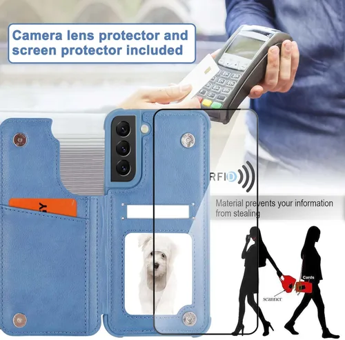 Vista 4 de VANAVAGY Funda tipo cartera compatible con Galaxy S22 con soporte para tarjetas de bloqueo RFID, piel sintética, cierre magnético, función atril