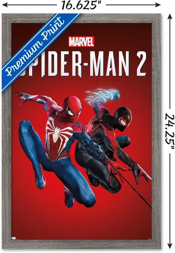 Vista 3 de Marvel's Spider-Man 2 - Póster de pared de arte clave, 22.4 pulgadas de largo x 14.7 pulgadas de ancho, versión enmarcada de madera de granero