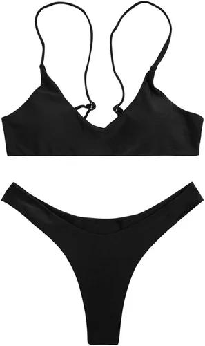 Vista 4 de SherryDC - Traje de baño de mujer, con cuello redondo y realce acolchado, con tanga brasileña