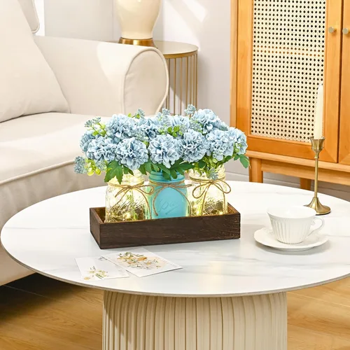 Vista 5 de BLEUM CADE Decoración de mesa de centro de mesa, 3 piezas de flores artificiales de hortensias en frascos Mason con bandeja de madera para mesa