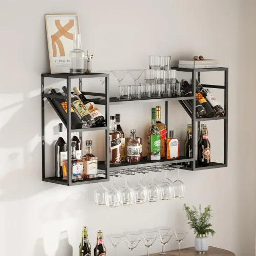 Vista 5 de KaKaBB Estante de vino montado en la pared, estantes de metal de 47 pulgadas de 2 niveles con soporte para vidrio, capacidad para 30 botellas y de 6