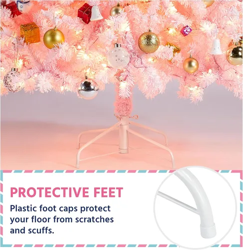 Vista 9 de Yaheetech Árbol de Navidad artificial preiluminado de 9 pies con luces incandescentes blancas cálidas, árbol de Navidad completo con nieve Rosa