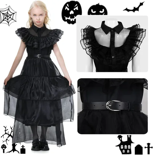 Vista 3 de Digfar Disfraz de miércoles para niñas, vestido familiar, trajes de cosplay para niños