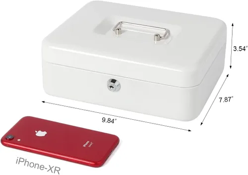 Vista 5 de Caja de dinero con bandeja de dinero y cerradura, caja de dinero de metal para efectivo, caja de seguridad 9.84 x 7.87 x 3.54 pulgadas, color blanco