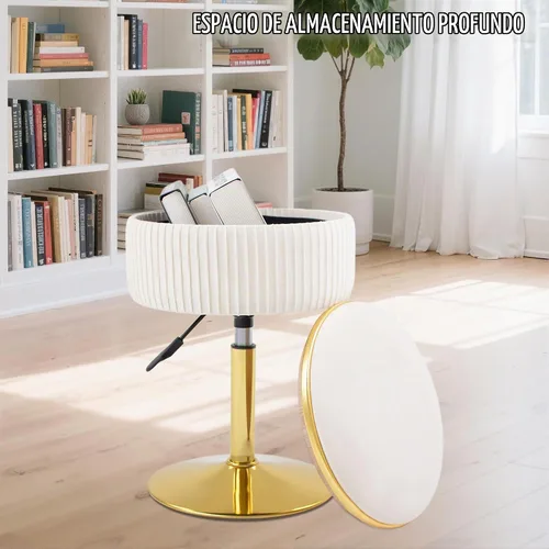 Vista 3 de Taburete de tocador ajustable con almacenamiento, silla taburete de maquillaje giratorio de 360°, otomana redonda pequeña de terciopelo con base