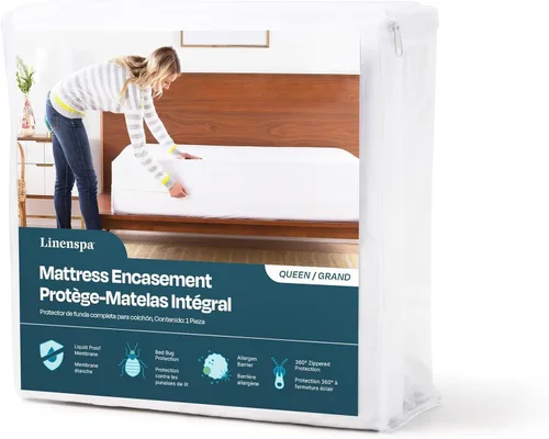 Vista 11 de Carcasa Linenspa con cierre impermeable, transpirable prueba de polvo y ácaros, cama prueba protector de colchón, Poliéster, gemelo