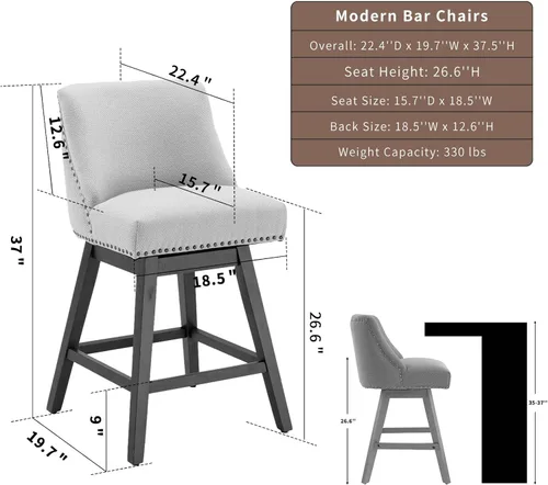 Vista 3 de Juego de 2 taburetes de bar giratorios modernos, taburetes de bar de 26.6 pulgadas de altura de mostrador beige con respaldo para isla de cocina