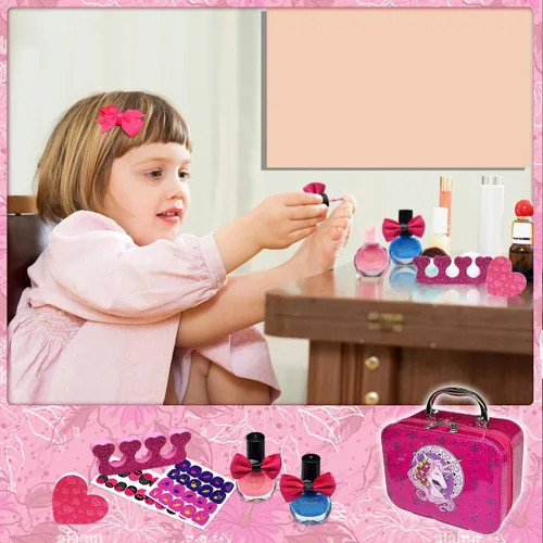 Vista 4 de Kit de maquillaje para niños para niñas, kit de maquillaje real, juguetes para niñas pequeñas y no tóxicos, juego de princesa para niños, regalo