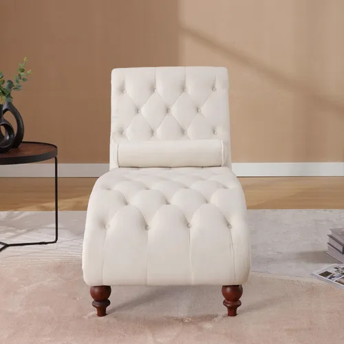 Vista 7 de Tumbona con botones para interiores, tumbona de terciopelo con patas y almohada, respaldo enrollado sin brazos, sofá reclinable para sala de estar