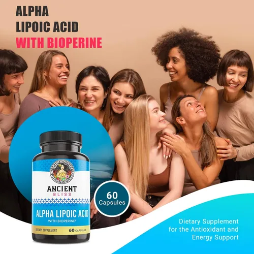 Vista 2 de Ancient Bliss Suplemento de ácido alfa lipoico, antioxidante y apoyo energético, suplemento ALA con bioperina, sin gluten y soja, 600 mg por